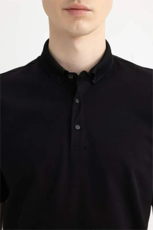 Slim Fit Dar Kesim Polo Yaka Kısa Kollu Basic Düz Siyah Tişört-Siyah - 8