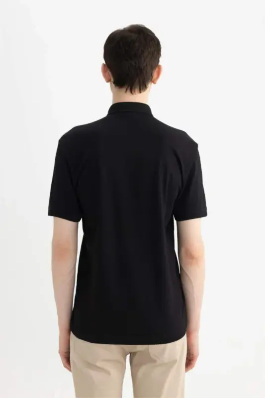 Slim Fit Dar Kesim Polo Yaka Kısa Kollu Basic Düz Siyah Tişört-Siyah - 9
