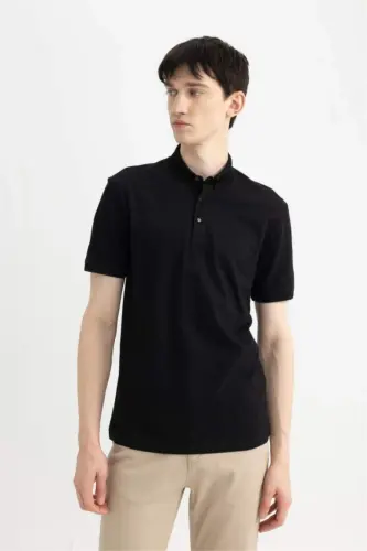 Slim Fit Dar Kesim Polo Yaka Kısa Kollu Basic Düz Siyah Tişört-Siyah - 6