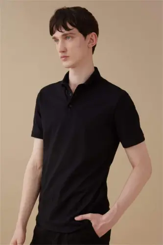 Slim Fit Dar Kesim Polo Yaka Kısa Kollu Basic Düz Siyah Tişört-Siyah - 1