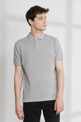 Slim Fit Dar Kesim Polo Yaka Kısa Kollu Basic T-shirt - GRI-BEYAZ - 1
