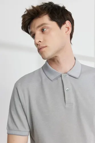 Slim Fit Dar Kesim Polo Yaka Kısa Kollu Basic T-shirt - GRI-BEYAZ - 3