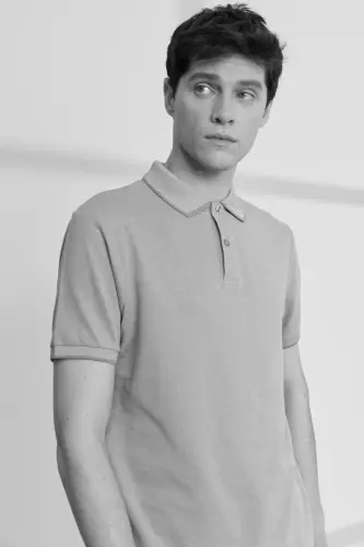 Slim Fit Dar Kesim Polo Yaka Kısa Kollu Basic T-shirt - GRI-BEYAZ - 5