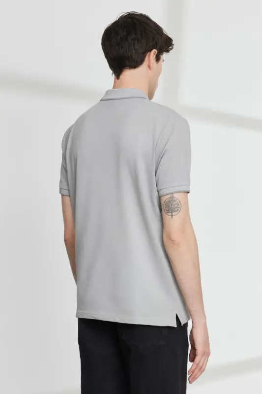 Slim Fit Dar Kesim Polo Yaka Kısa Kollu Basic T-shirt - GRI-BEYAZ - 6