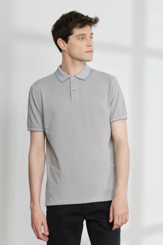 Slim Fit Dar Kesim Polo Yaka Kısa Kollu Basic T-shirt - GRI-BEYAZ - ALTINYILDIZ CLASSICS