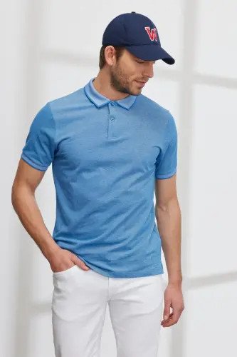 Slim Fit Dar Kesim Polo Yaka Kısa Kollu Basic Tişört-KOYU SAKS BEYAZ 