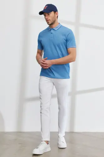 Slim Fit Dar Kesim Polo Yaka Kısa Kollu Basic Tişört-KOYU SAKS BEYAZ - ALTINYILDIZ CLASSICS (1)