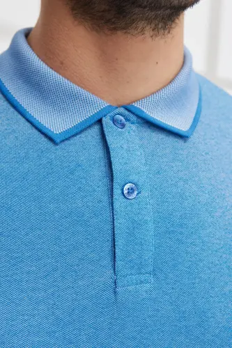 Slim Fit Dar Kesim Polo Yaka Kısa Kollu Basic Tişört-KOYU SAKS BEYAZ - 4