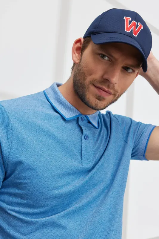 Slim Fit Dar Kesim Polo Yaka Kısa Kollu Basic Tişört-KOYU SAKS BEYAZ - 5