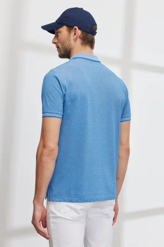 Slim Fit Dar Kesim Polo Yaka Kısa Kollu Basic Tişört-KOYU SAKS BEYAZ - 6