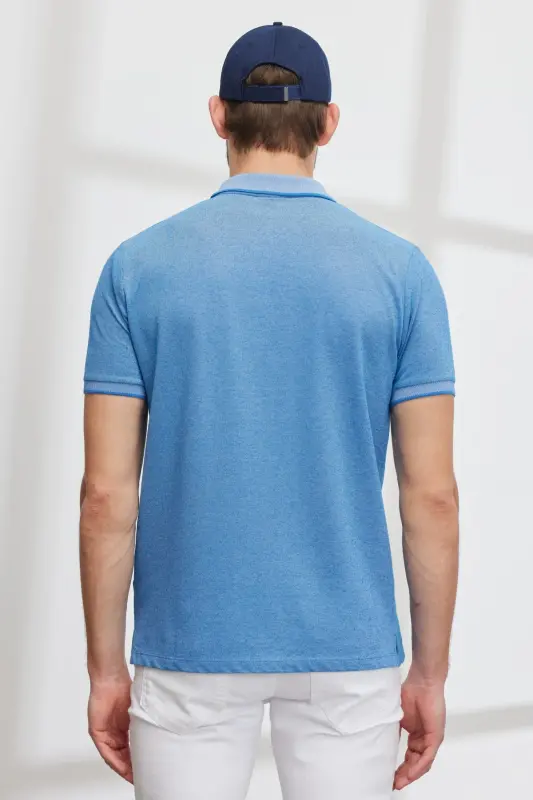 Slim Fit Dar Kesim Polo Yaka Kısa Kollu Basic Tişört-KOYU SAKS BEYAZ - 7