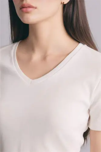 %100 Pamuk Slım Fıt Basıc Ribana Tişört-Ekru - 3