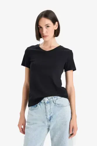 Slim Fit Dar Kesim V Yaka Basic Düz Ribana Kısa Kollu Tişört-Siyah - 1