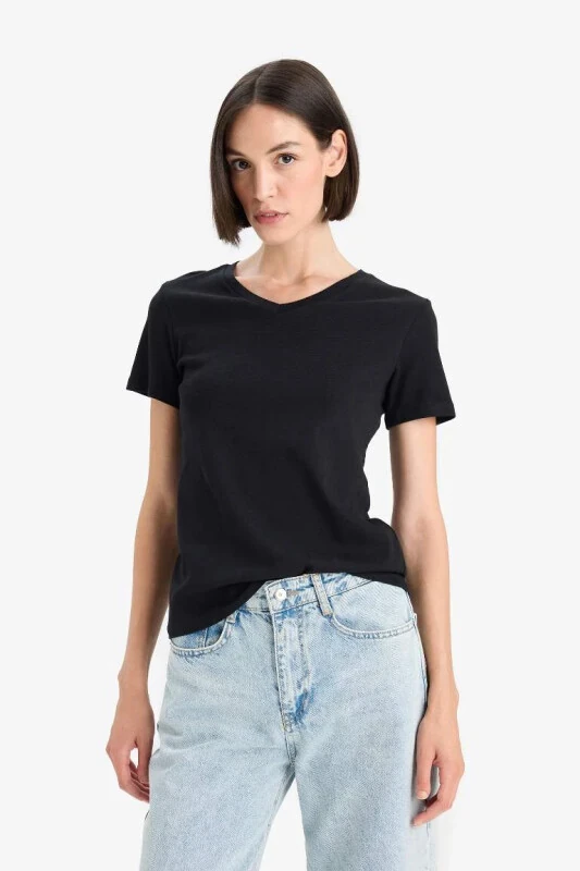 Slim Fit Dar Kesim V Yaka Basic Düz Ribana Kısa Kollu Tişört-Siyah - 1