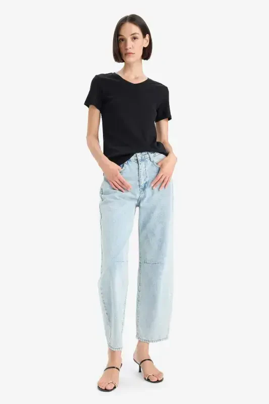 Slim Fit Dar Kesim V Yaka Basic Düz Ribana Kısa Kollu Tişört-Siyah - 2