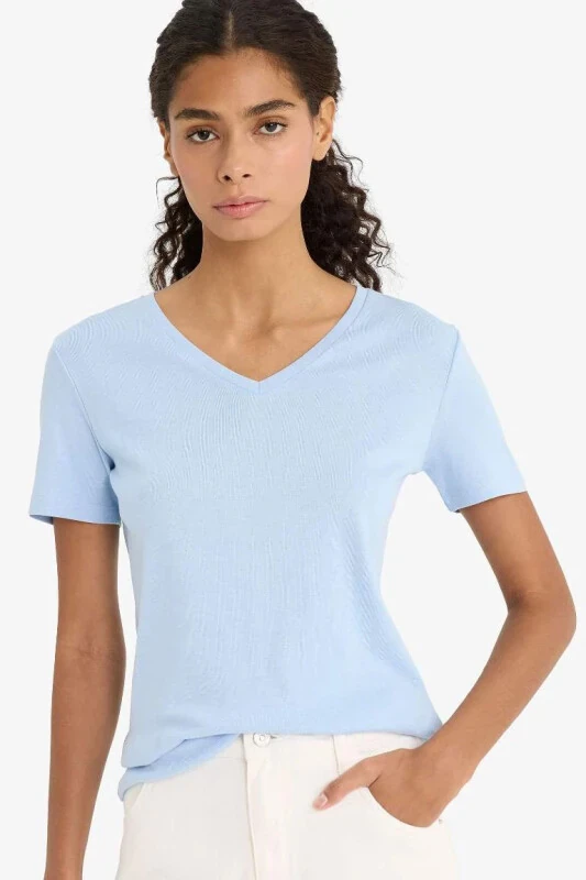 Slim Fit Dar Kesim V Yaka Basic Düz Ribana Kısa Kollu Tişört-Açık Mavi - 1