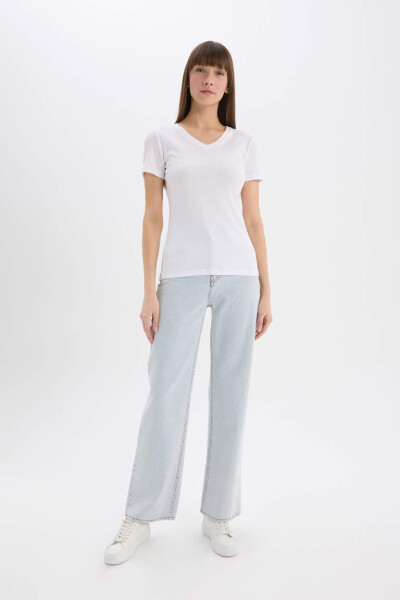 Slim Fit Deep V Neck Ribana Basic Plain Short Sleeve T-Shirt White - 2