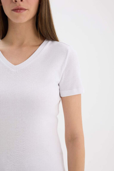 Slim Fit Deep V Neck Ribana Basic Plain Short Sleeve T-Shirt White - 5