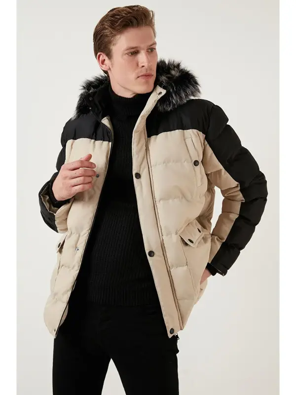 Slim Fit Detachable Faux Fur Hooded Padded Men's Jacket 5760076-Black - 4