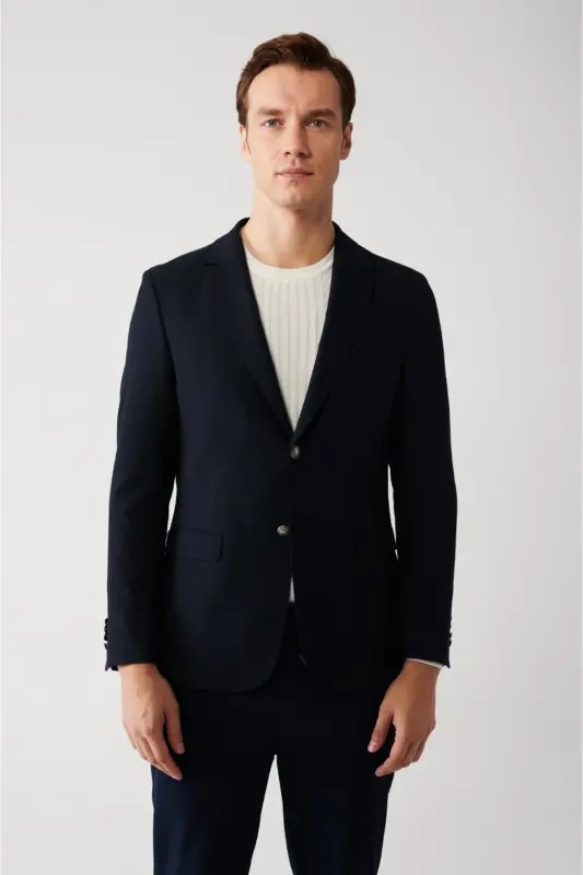 Slim fit, double breasted, lined, flap pocket, single breasted men's navy blue jacket. - AVVA