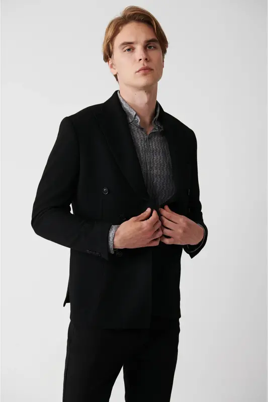 Slim fit, double-breasted, shawl collar, unlined, black men's jacket. - 4