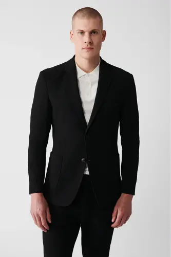 Slim fit, double breasted, unlined, black men's jacket. - AVVA (1)