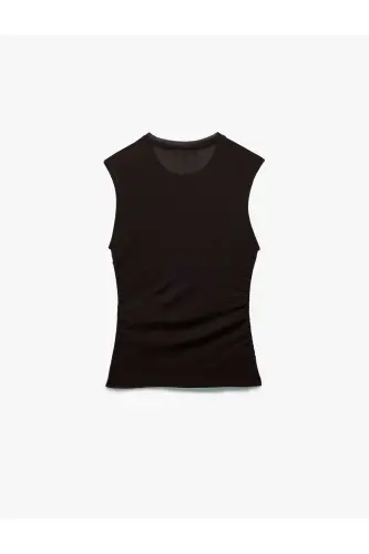 Slim Fit Drape Bilan Yaka Yengsiz Bluz-Qahva - 5