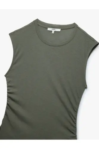 Slim Fit Drape Biskvit Yoqali Yengsiz Bluz-Haki - 6