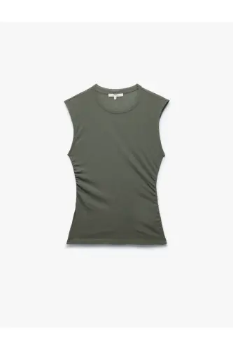 Slim Fit Draped Crew Neck Sleeveless Blouse-Khaki - 4