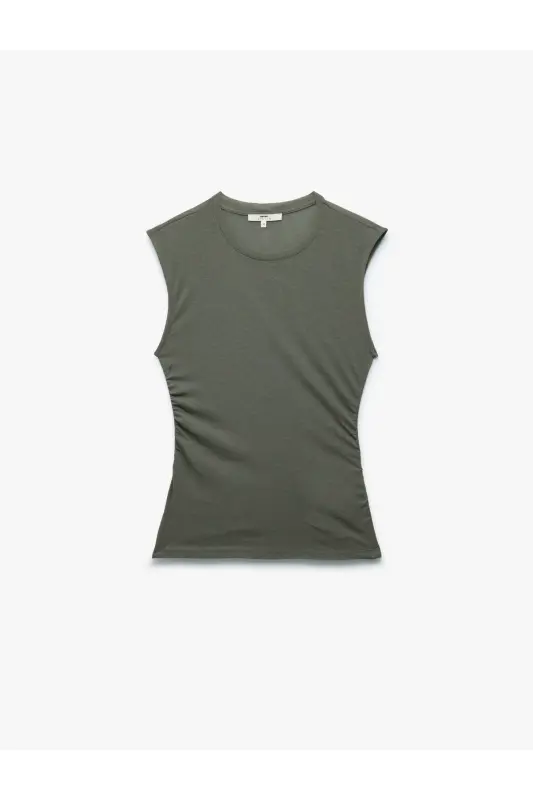 Slim Fit Draped Crew Neck Sleeveless Blouse-Khaki - 4
