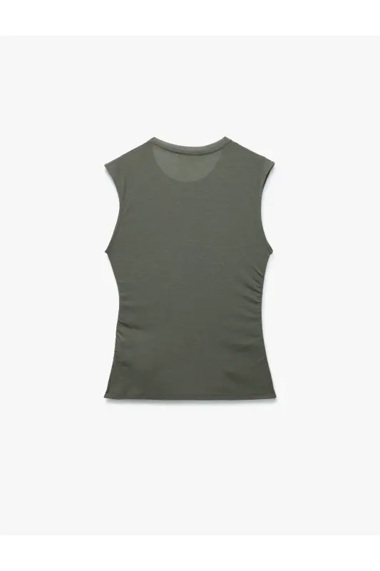 Slim Fit Draped Crew Neck Sleeveless Blouse-Khaki - 5