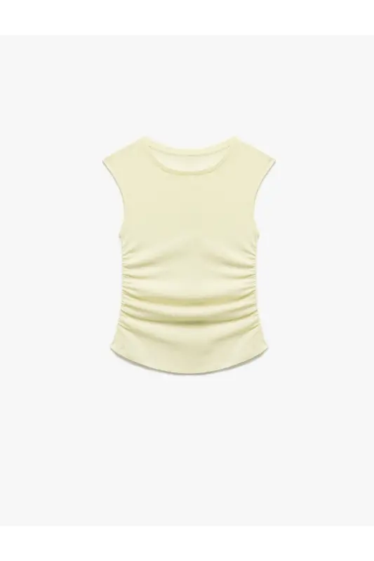 Slim Fit Draped Crew Neck Sleeveless Blouse-Yellow - 3