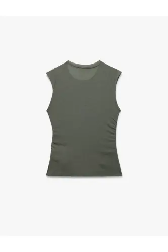 Slim Fit Drapeli Bisiklet Yaka Kolsuz Bluz - Haki - 5