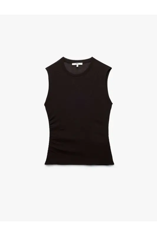 Slim Fit Drapeli Bisiklet Yaka Kolsuz Bluz - Kahve - 4