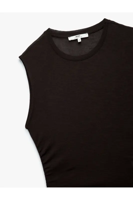 Slim Fit Drapeli Bisiklet Yaka Kolsuz Bluz - Kahve - 6