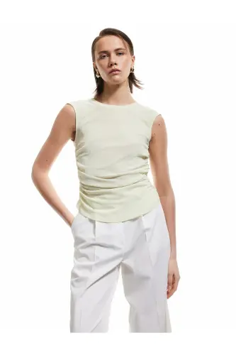 Slim Fit Drapeli Bisiklet Yaka Kolsuz Bluz-Sarı - KOTON (1)