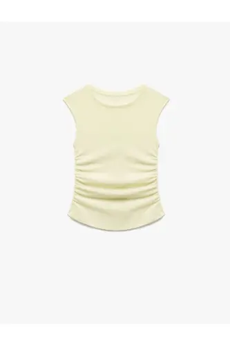 Slim Fit Drapli Velosiped Yoqali Yengsiz Bluz - Sariq - 8