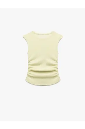 Slim Fit Drapli Velosiped Yoqali Yengsiz Bluz - Sariq - 9