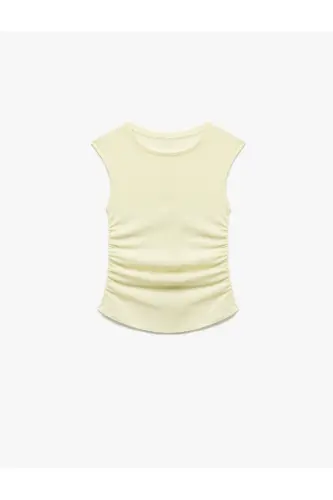 Slim Fit Drapli Velosiped Yoqali Yengsiz Bluz - Sariq - 3