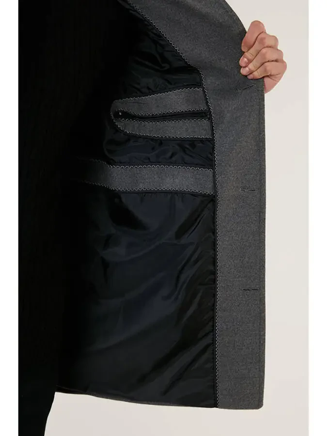 Gri Slim Fit Düğmeli Dik Yaka Erkek Kaşe Kaban 5840099-Gri - 5