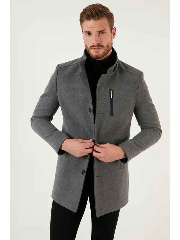 Gri Slim Fit Düğmeli Dik Yaka Erkek Kaşe Kaban 5840099-Gri - 4