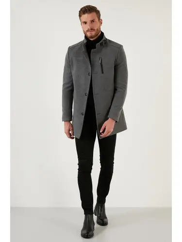 Gri Slim Fit Düğmeli Dik Yaka Erkek Kaşe Kaban 5840099-Gri - 5