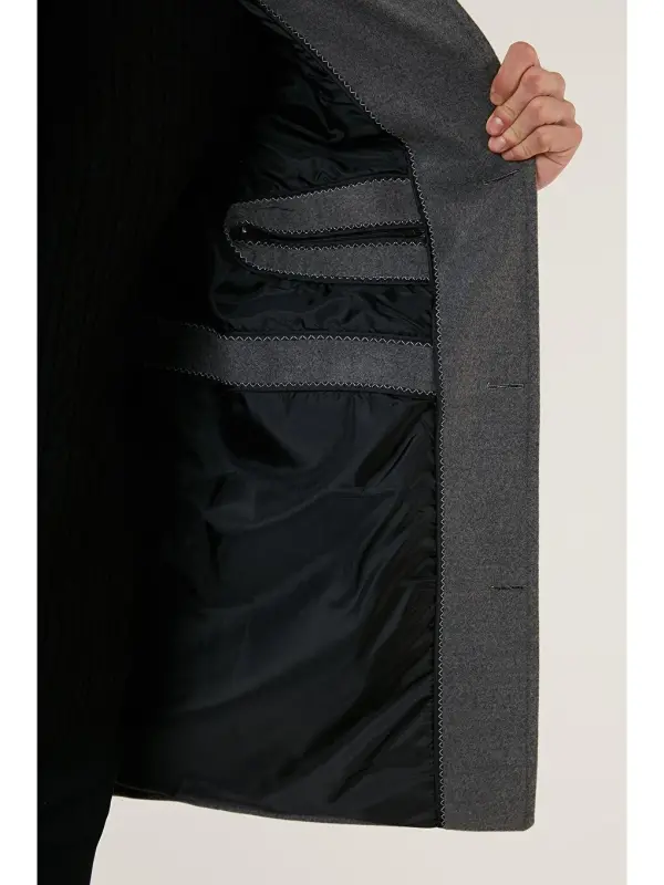 Gri Slim Fit Düğmeli Dik Yaka Erkek Kaşe Kaban 5840099-Gri - 7