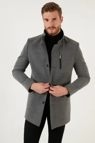 Slim Fit Düğmeli Dik Yaka Kaşe Kaban Erkek KABAN 5840099-AÇIK GRİ - 2