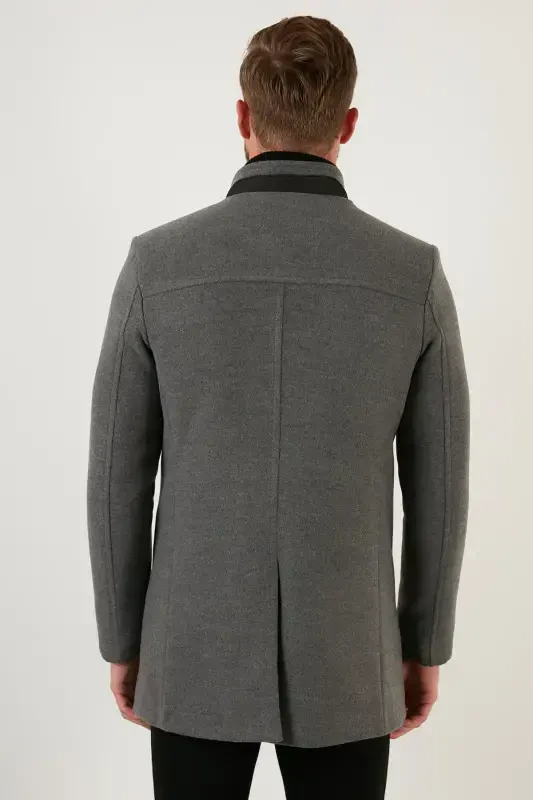 Slim Fit Düğmeli Dik Yaka Kaşe Kaban Erkek KABAN 5840099-AÇIK GRİ - 6