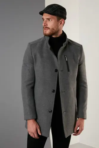 Slim Fit Düğmeli Dik Yaka Kaşe Kaban Erkek Kaban 5840099-AÇIK GRİ 