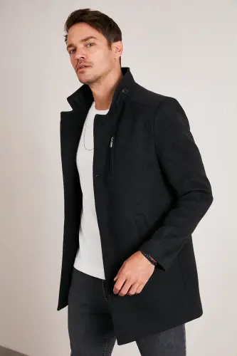 Relaxed Fit Düğmeli Dik Yaka Kaşe Kaban Erkek KABAN 5840099 - FÜME 