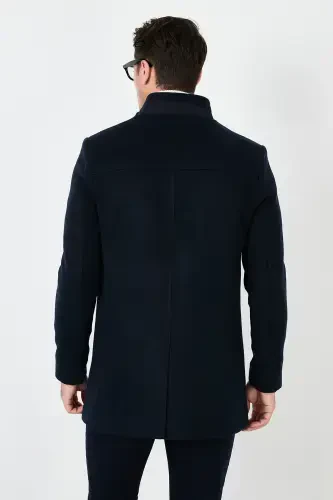 Slim Fit Düğmeli Dik Yaka Kaşe Kaban Erkek KABAN 5840099-LACİVERT - 5