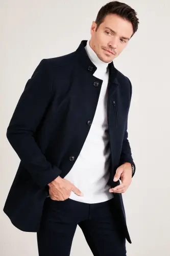 Relaxed Fit Düğmeli Dik Yaka Kaşe Kaban Erkek KABAN 5840099 - LACİVERT 