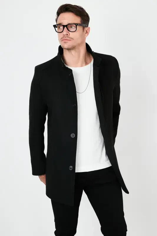 Slim Fit Düğmeli Dik Yaka Kaşe Kaban Erkek Kaban 5840099-SİYAH - 4